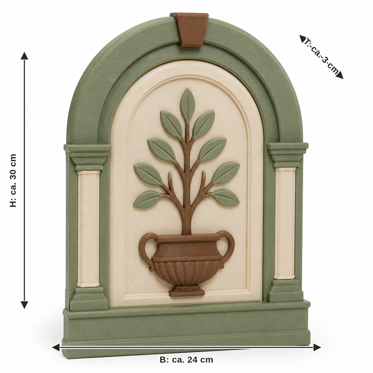 Dimensional image for arc-shaped wall relief with pot tree: width about 24 cm, depth about 3 cm, height about 30 cm