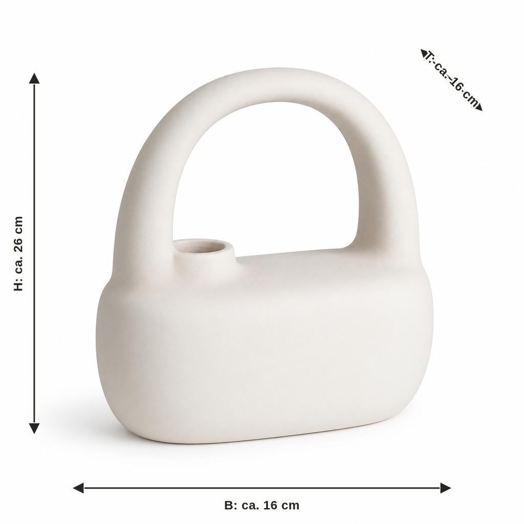 Dimensional image for bow-arm vase in warm white: width approx. 16 cm, depth approx. 16 cm, height approx. 26 cm