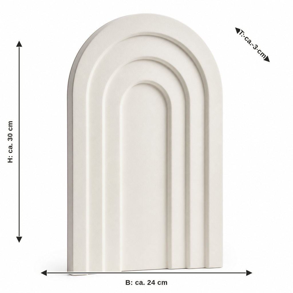 Measurement for arc-line wall relief in warm white: width approx. 24 cm, depth approx. 3 cm, height approx. 30 cm