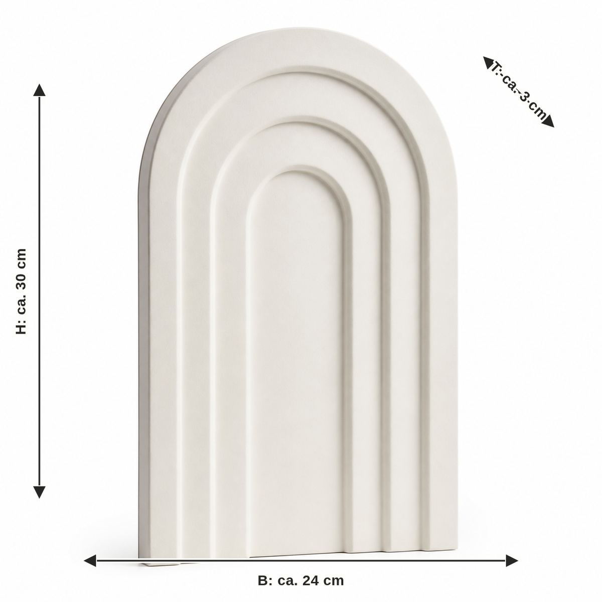 Measurement for arc-line wall relief in warm white: width approx. 24 cm, depth approx. 3 cm, height approx. 30 cm