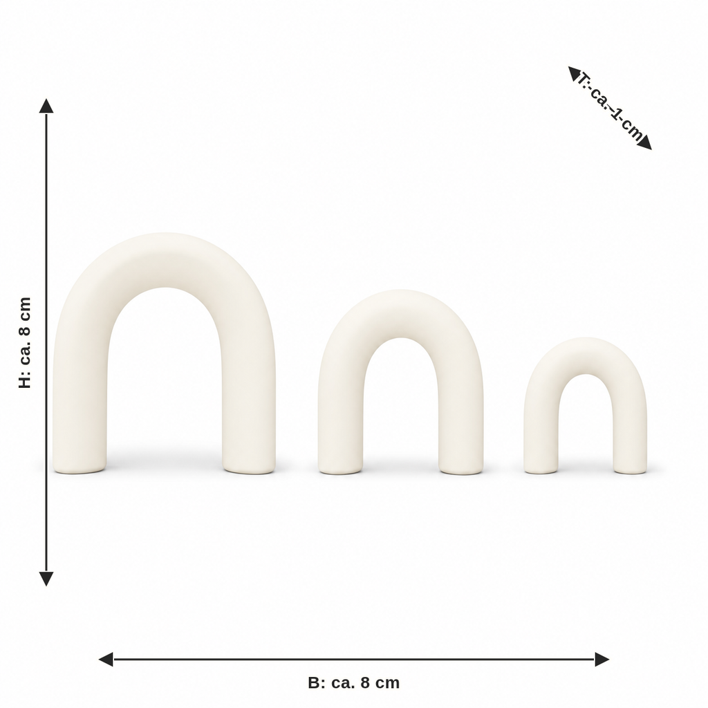 Maßbild für Bogenmagnete in Warmweiß: Breite ca. 8 cm, Tiefe ca. 1 cm, Höhe ca. 8 cm