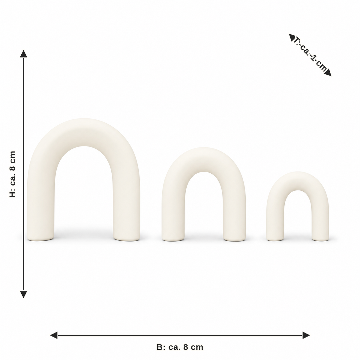 Maßbild für Bogenmagnete in Warmweiß: Breite ca. 8 cm, Tiefe ca. 1 cm, Höhe ca. 8 cm
