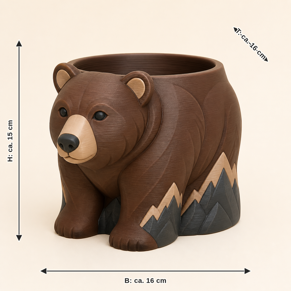 Maßbild für Braunbär-Pflanzübertopf Naturtopf: Breite ca. 16 cm, Tiefe ca. 16 cm, Höhe ca. 15 cm