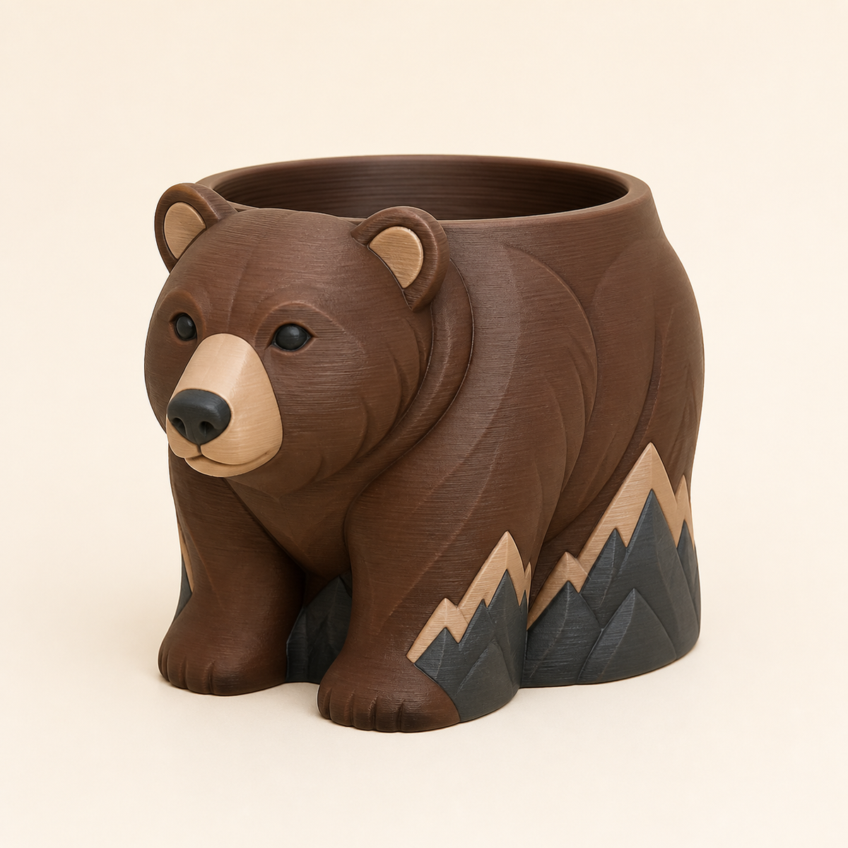 Braunbär-Pflanzübertopf Naturtopf aus 3D-gedrucktem PETG in Kastanienbraun, Sandbeige, Anthrazit