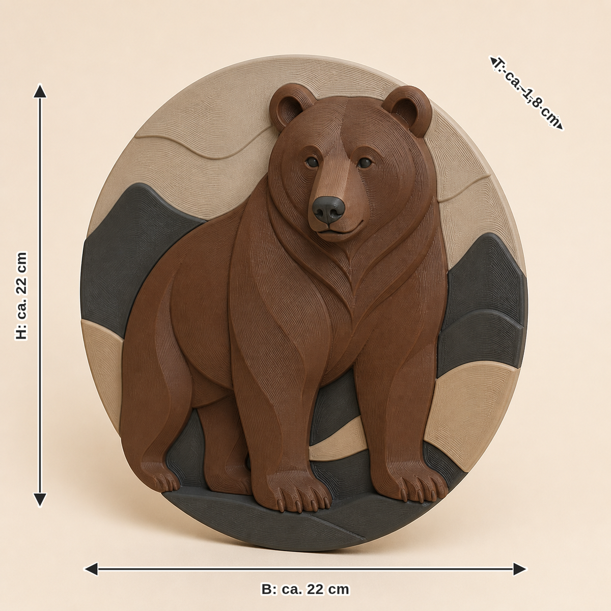 Maßbild für Braunbär-Wandrelief Tierporträt: Breite ca. 22 cm, Tiefe ca. 1.8 cm, Höhe ca. 22 cm