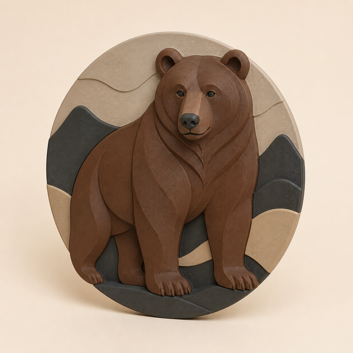 Braunbär-Wandrelief Tierporträt aus 3D-gedrucktem PETG in Kastanienbraun, Sandbeige, Anthrazit