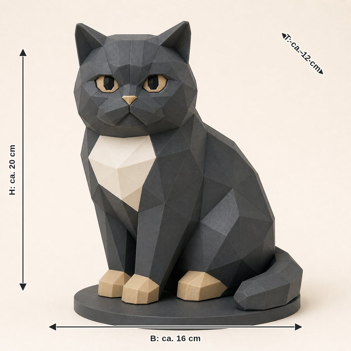 Maßbild für Britisch Kurzhaar-Low-Poly-Skulptur Facettenfigur: Breite ca. 16 cm, Tiefe ca. 12 cm, Höhe ca. 20 cm