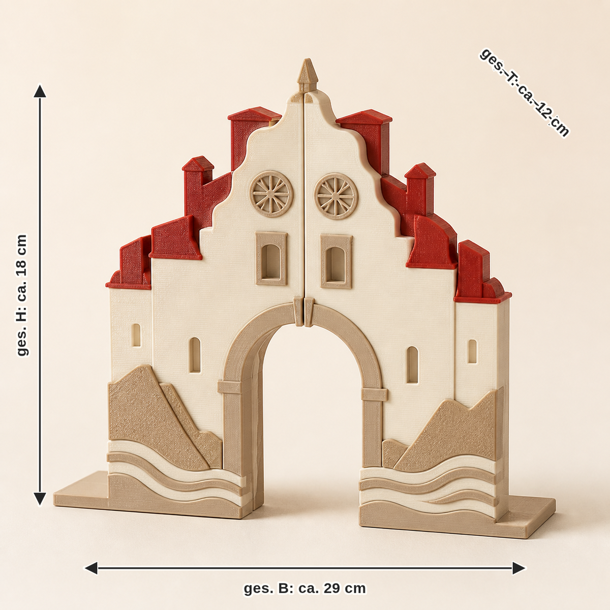 Dimensional image for Bookends Altstadttor – Salzburg: together width approx. 29 cm, depth approx. 12 cm, height approx. 18 cm
