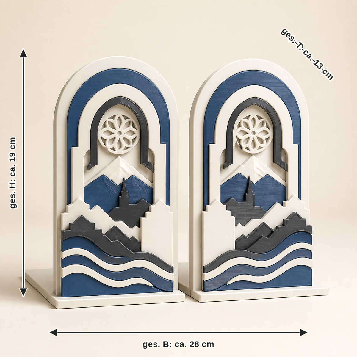 Measurement for Bookends Domarkade – Salzburg: together width approx. 28 cm, depth approx. 13 cm, height approx. 19 cm