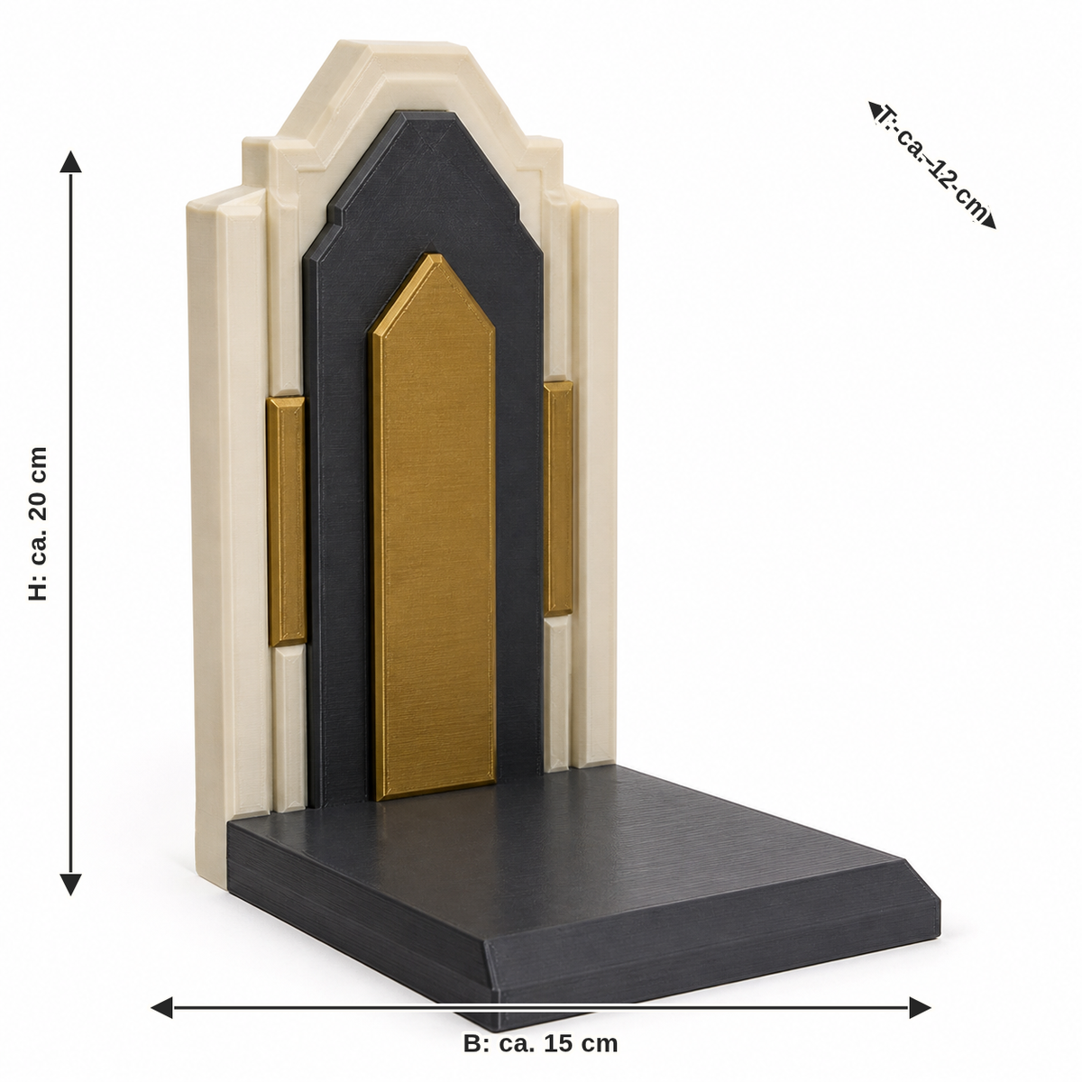 Maßbild für Buchstütze Goldportal: Breite ca. 15 cm, Tiefe ca. 12 cm, Höhe ca. 20 cm