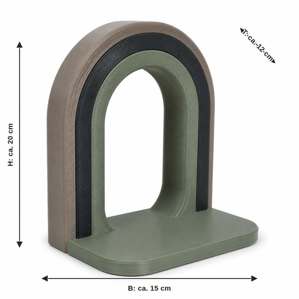 Dimensional image for bookend with rounded sheet: width approx. 15 cm, depth approx. 12 cm, height approx. 20 cm