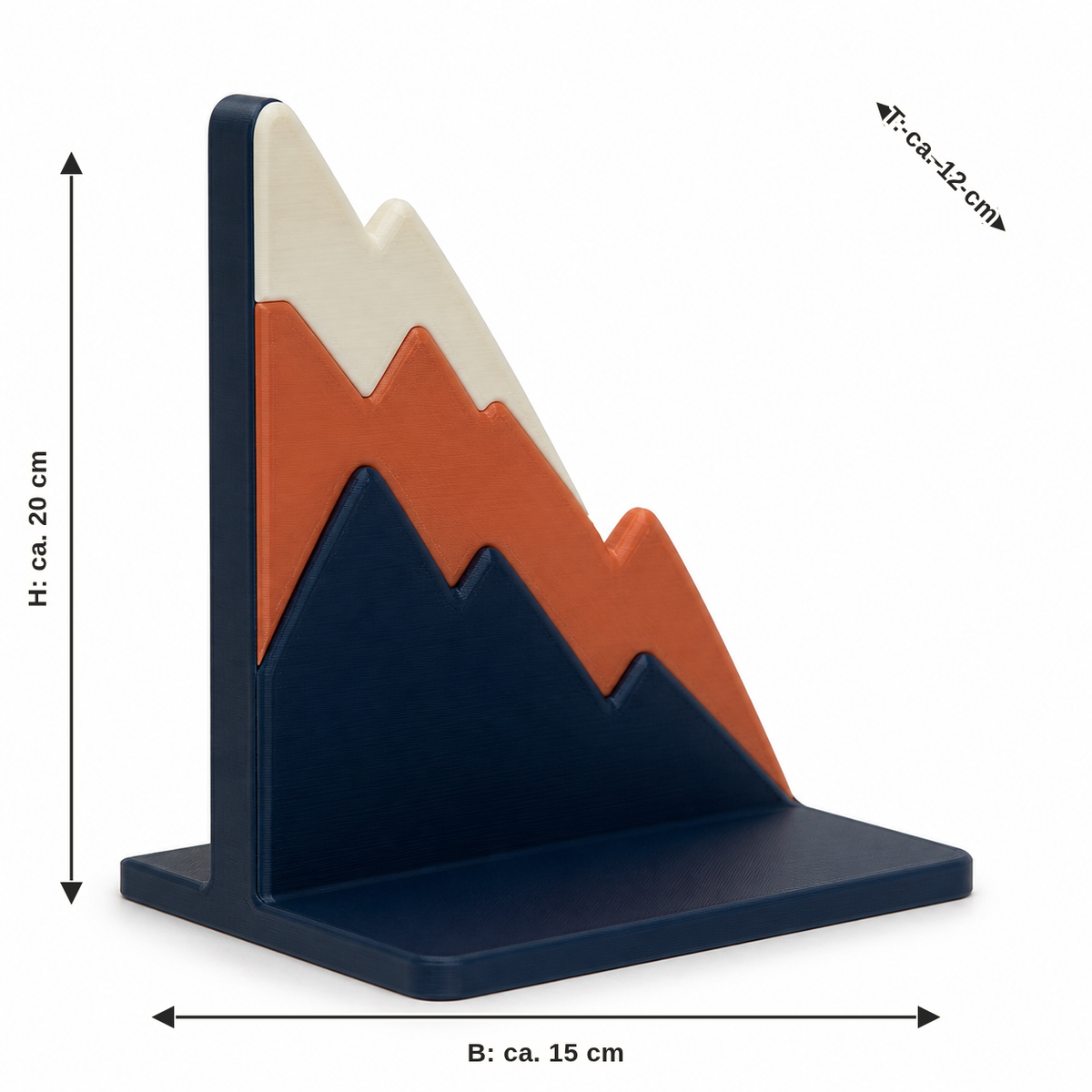 Dimensional image for bookend with abstract mountain silhouette: width about 15 cm, depth about 12 cm, height about 20 cm