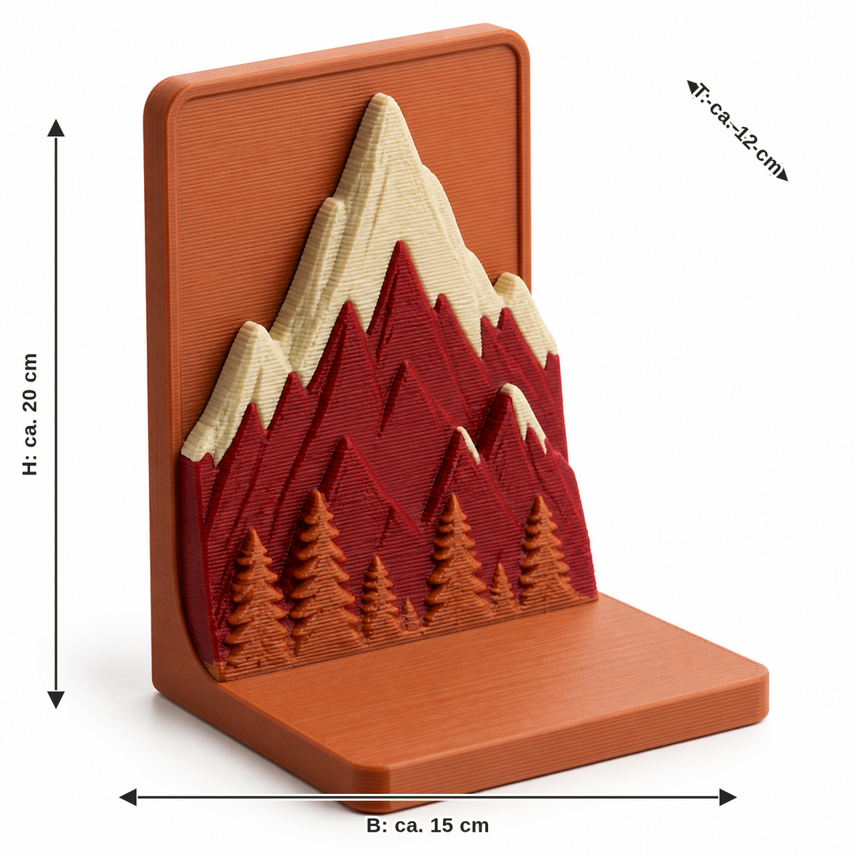 Maßbild für Buchstütze mit Berg- und Waldpanorama: Breite ca. 15 cm, Tiefe ca. 12 cm, Höhe ca. 20 cm