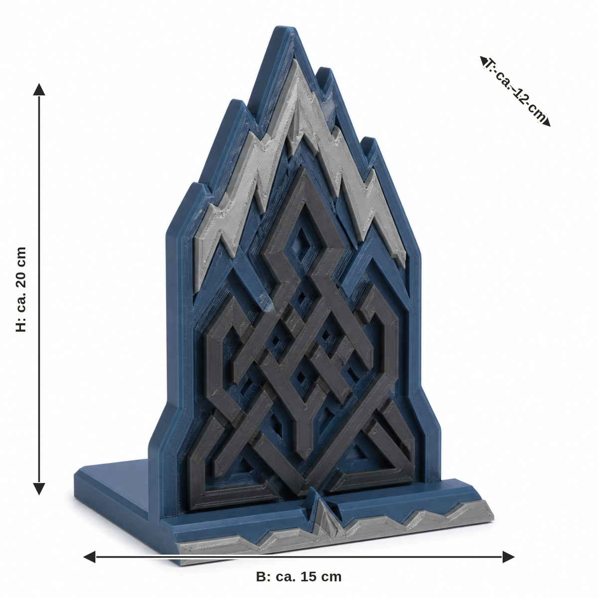 Dimensional image for bookend with mountain peaks and knot grid: width approx. 15 cm, depth approx. 12 cm, height approx. 20 cm