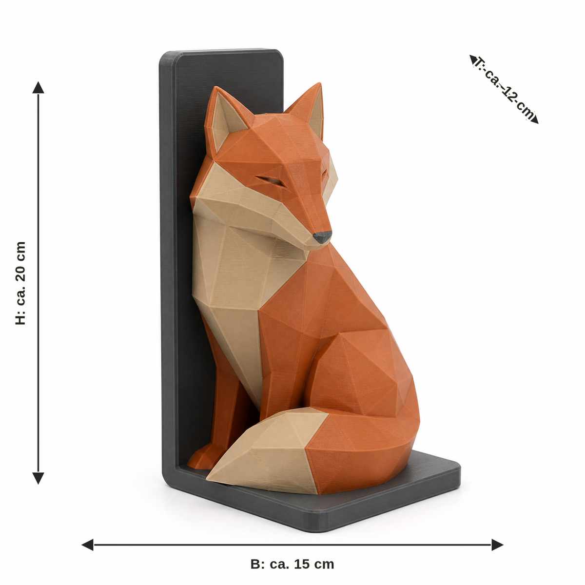 Measurement for bookend with faceted fox in terracotta: width approx. 15 cm, depth approx. 12 cm, height approx. 20 cm