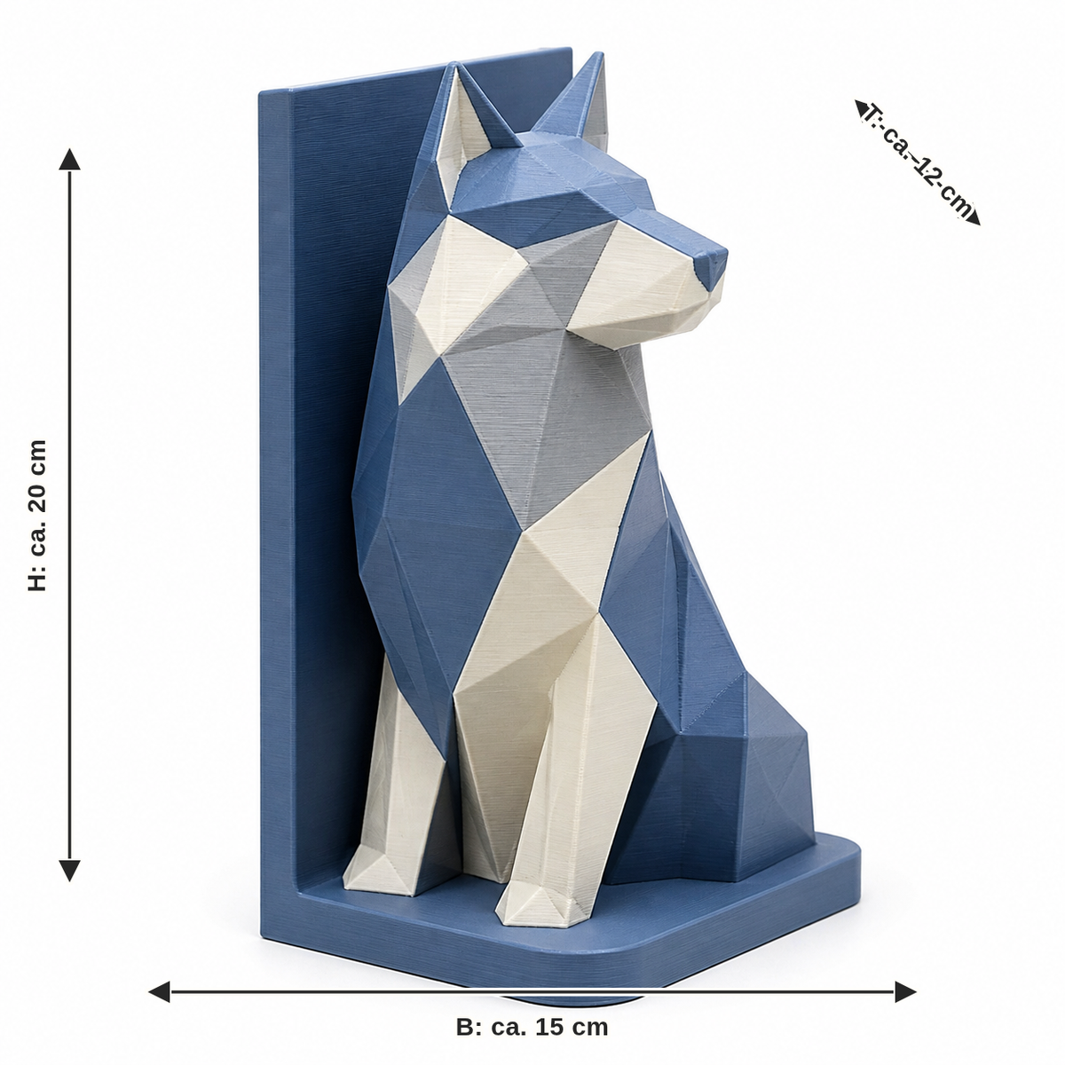 Dimensional image for bookend with faceted fox: width about 15 cm, depth about 12 cm, height about 20 cm