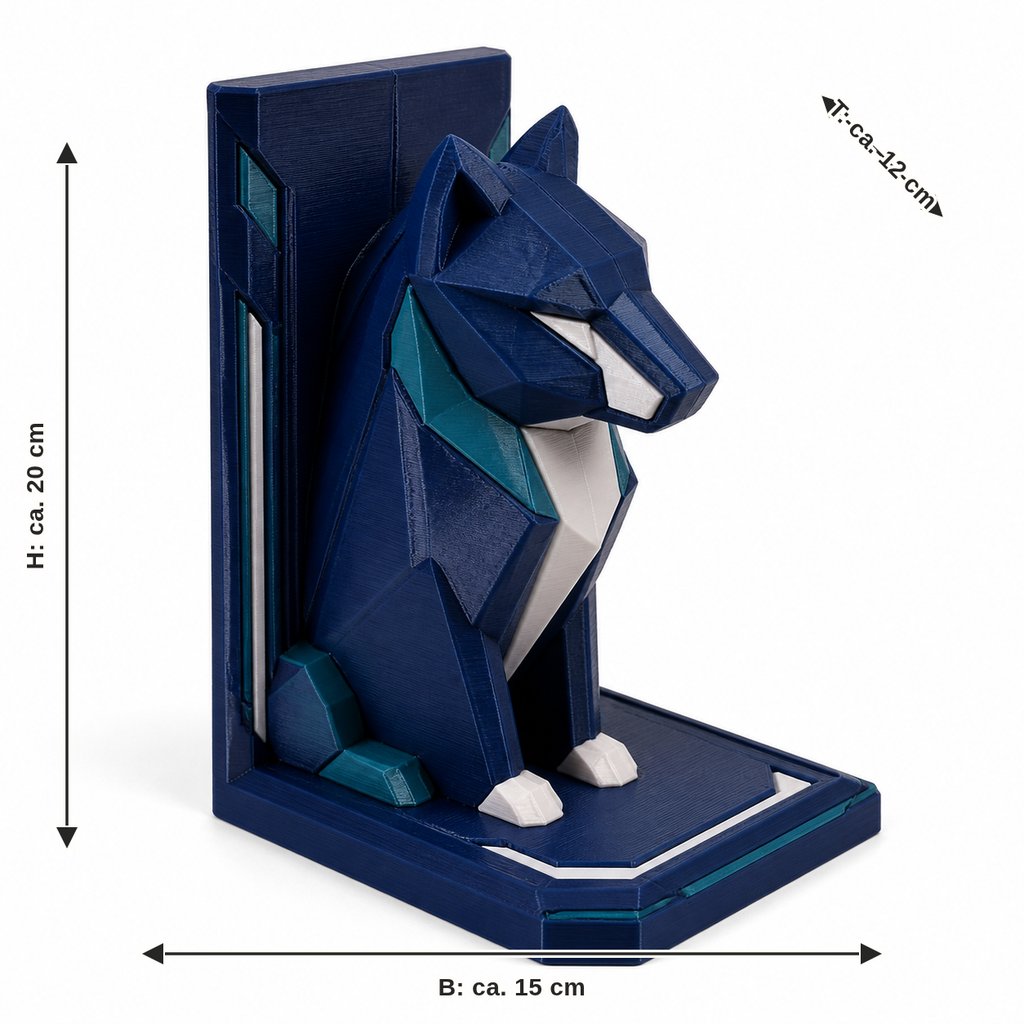 Dimensional image for bookend with geometric Wolf motif: width approx. 15 cm, depth approx. 12 cm, height approx. 20 cm
