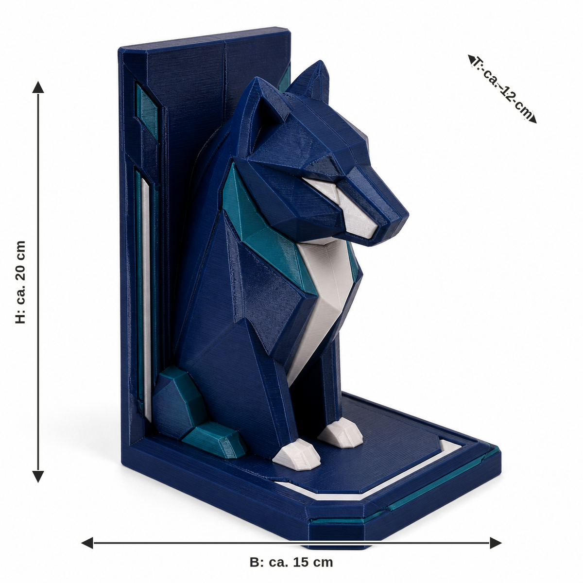 Dimensional image for bookend with geometric Wolf motif: width approx. 15 cm, depth approx. 12 cm, height approx. 20 cm