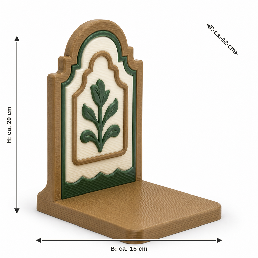 Dimensional image for bookend with framed leaf motif: width about 15 cm, depth about 12 cm, height about 20 cm