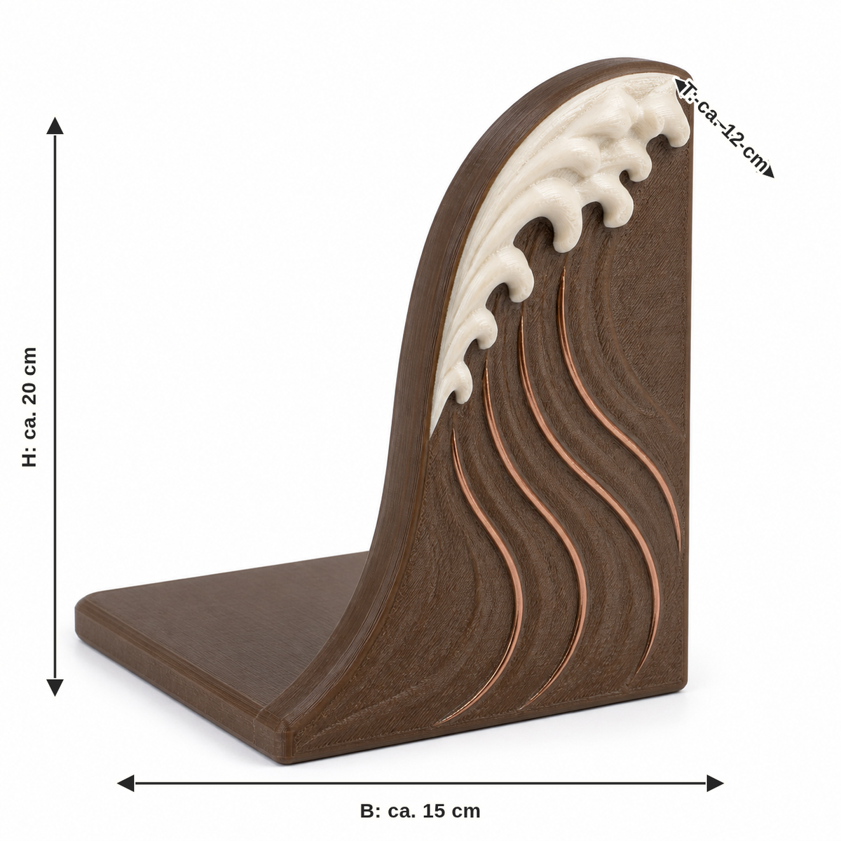 Maßbild für Buchstütze mit großer Welle: Breite ca. 15 cm, Tiefe ca. 12 cm, Höhe ca. 20 cm