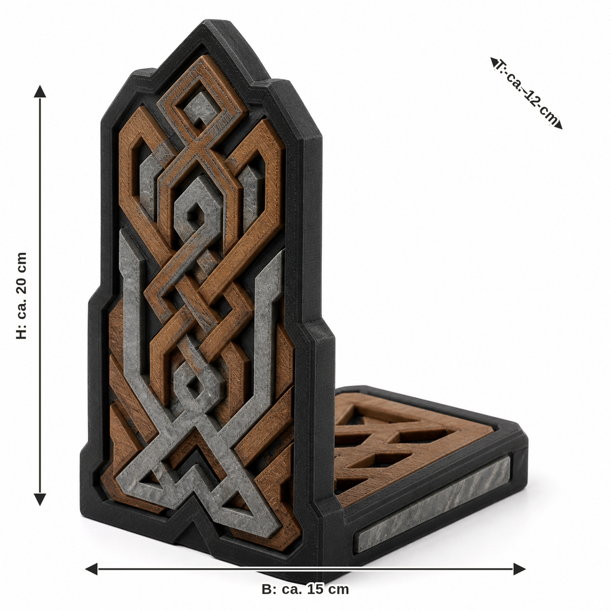 Dimensional image for bookend with high rune knot: width approx. 15 cm, depth approx. 12 cm, height approx. 20 cm