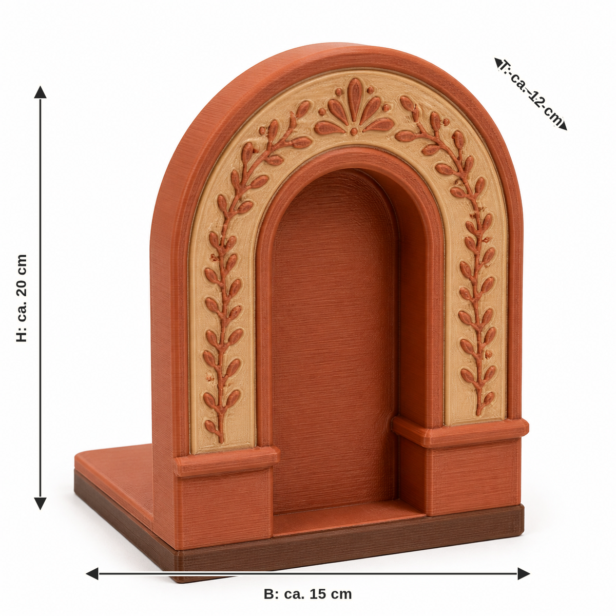 Maßbild für Buchstütze mit Rundbogen und Blütenranke: Breite ca. 15 cm, Tiefe ca. 12 cm, Höhe ca. 20 cm