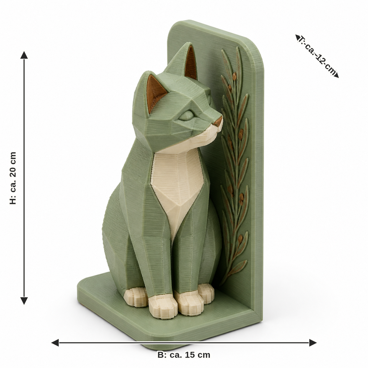 Maßbild für Buchstütze mit sitzendem Fuchs: Breite ca. 15 cm, Tiefe ca. 12 cm, Höhe ca. 20 cm