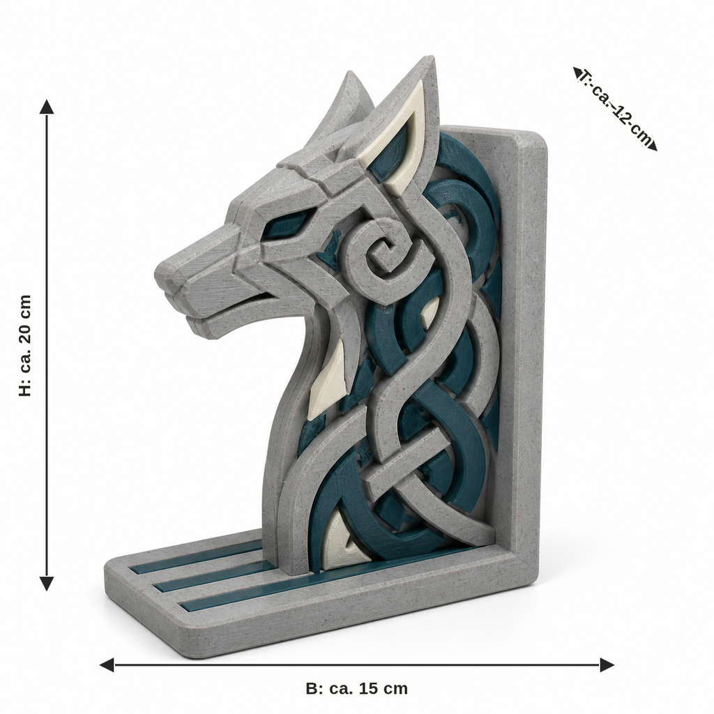 Maßbild für Buchstütze mit stilisiertem Wolfskopf: Breite ca. 15 cm, Tiefe ca. 12 cm, Höhe ca. 20 cm