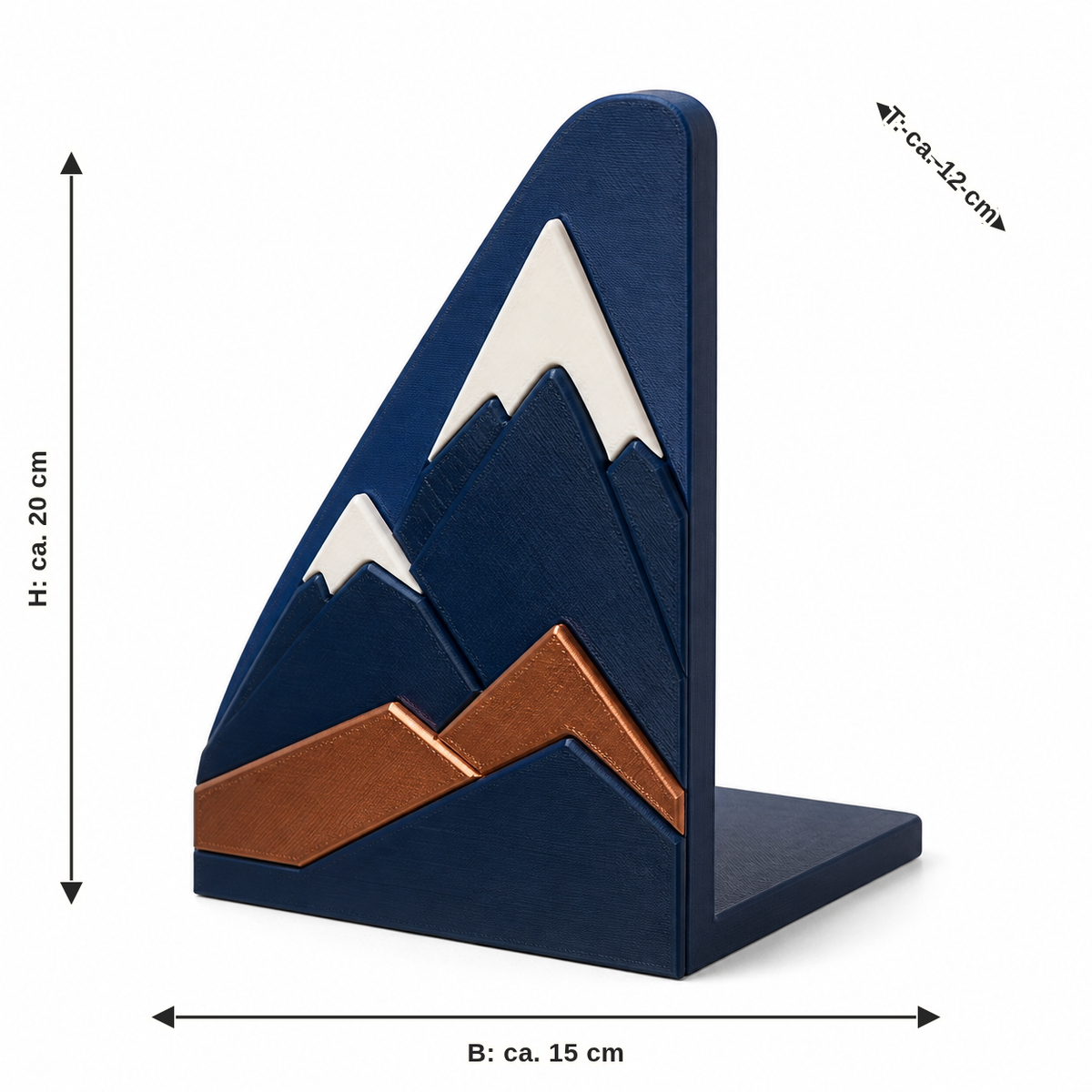 Maßbild für Buchstütze Nachtgipfel: Breite ca. 15 cm, Tiefe ca. 12 cm, Höhe ca. 20 cm
