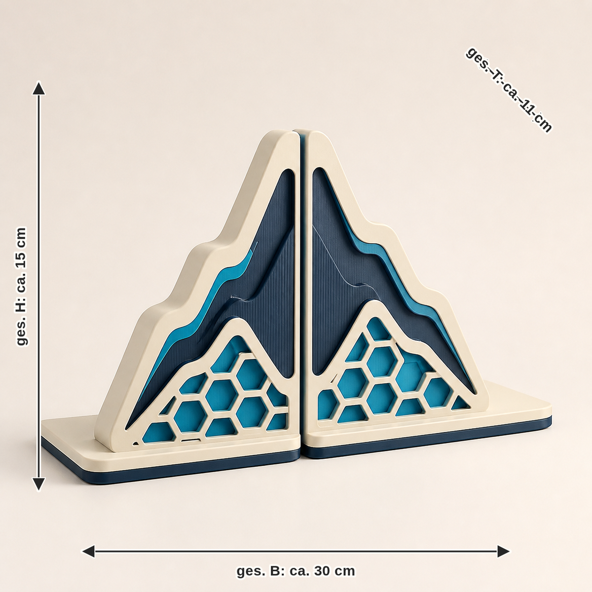 Maßbild für Buchstützen Berggrat – Futuristisch: zusammen Breite ca. 30 cm, Tiefe ca. 11 cm, Höhe ca. 15 cm