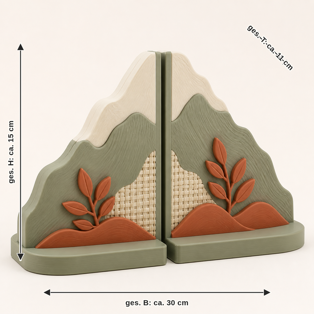 Maßbild für Buchstützen Berggrat – Landhaus: zusammen Breite ca. 30 cm, Tiefe ca. 11 cm, Höhe ca. 15 cm