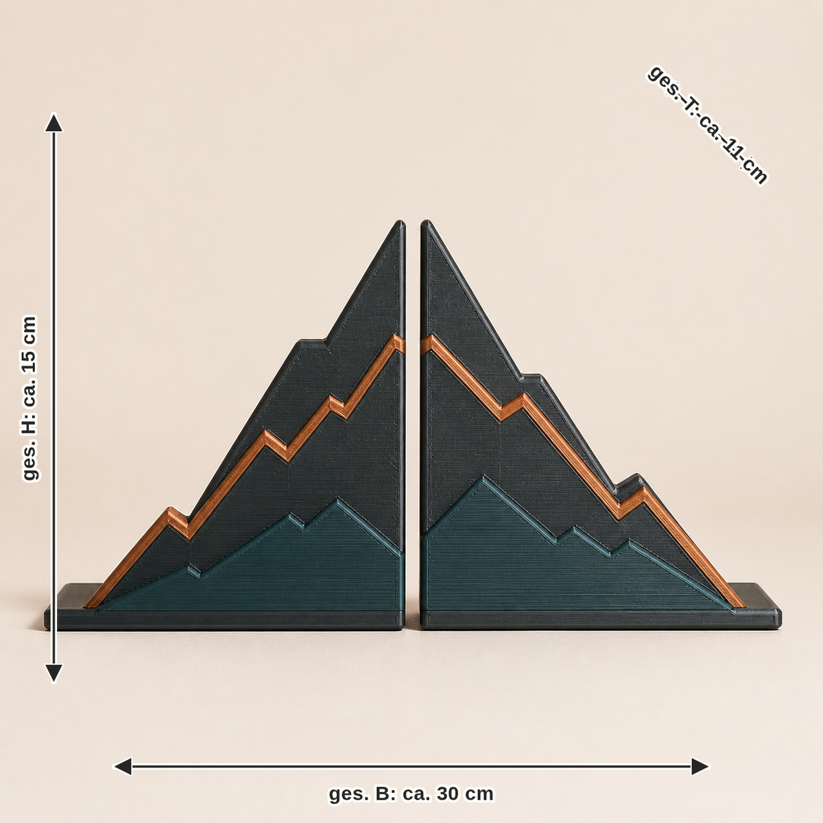 Dimensional image for Bookends mountain ridge – Modern: together width approx. 30 cm, depth approx. 11 cm, height approx. 15 cm