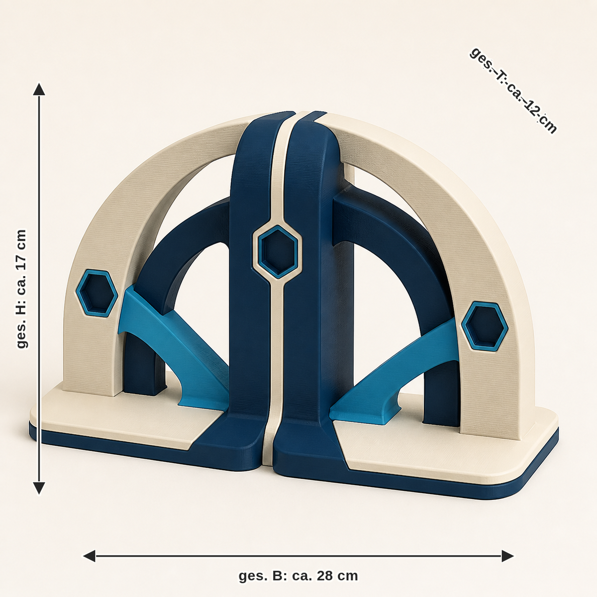 Dimensional image for Bookends bow pair – Futuristic: together width approx. 28 cm, depth approx. 12 cm, height approx. 17 cm