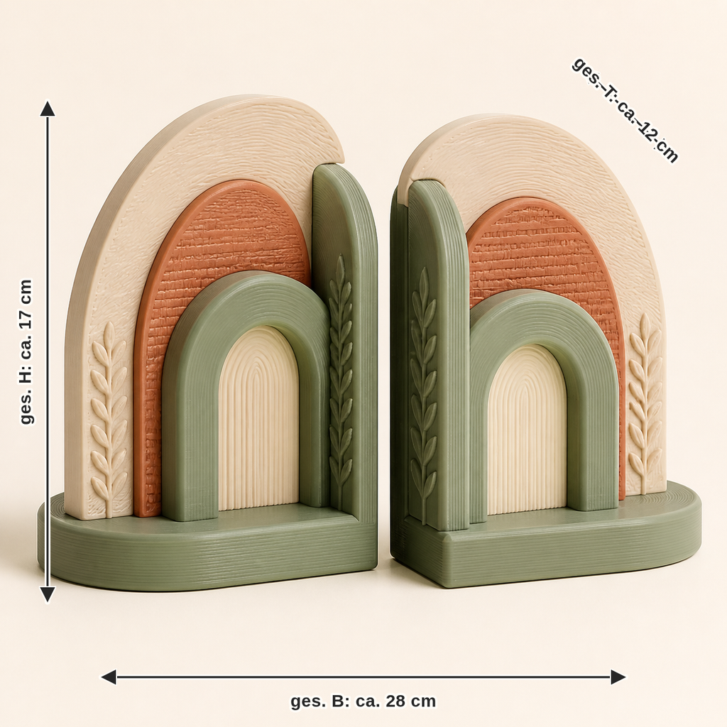 Maßbild für Buchstützen Bogenpaar – Landhaus: zusammen Breite ca. 28 cm, Tiefe ca. 12 cm, Höhe ca. 17 cm