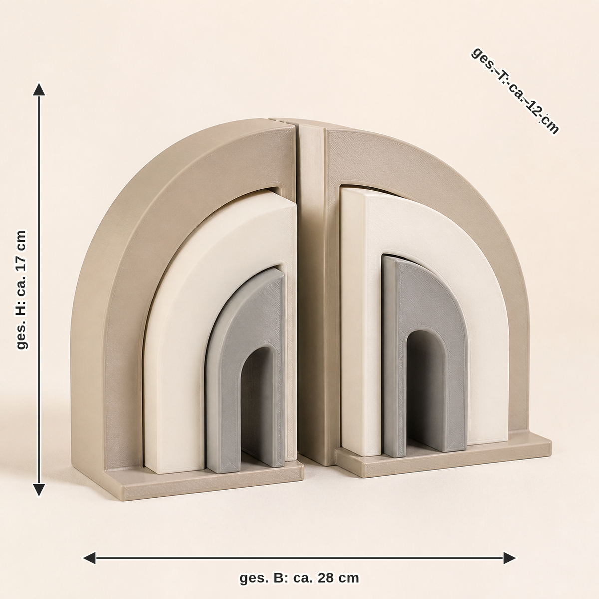 Dimensional image for Bookends sheet pair – minimalist: together width approx. 28 cm, depth approx. 12 cm, height approx. 17 cm