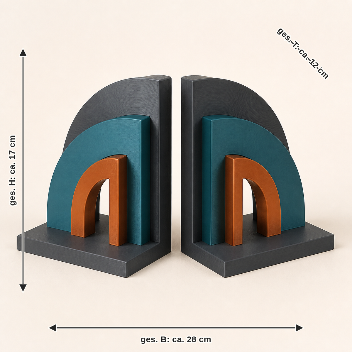 Dimensional image for Bookends bow pair – Modern: together width approx. 28 cm, depth approx. 12 cm, height approx. 17 cm