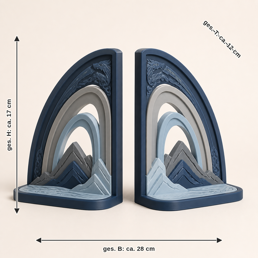 Measurement for Bookends bow pair – Nordic & Mythical: together width approx. 28 cm, depth approx. 12 cm, height approx. 17 cm