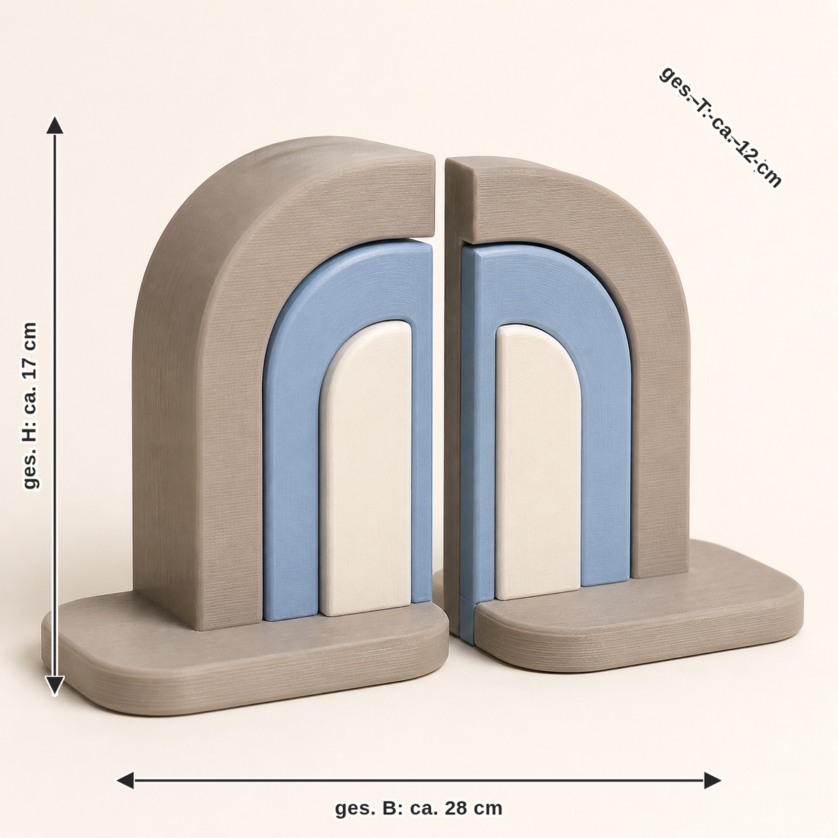 Maßbild für Buchstützen Bogenpaar – Still: zusammen Breite ca. 28 cm, Tiefe ca. 12 cm, Höhe ca. 17 cm