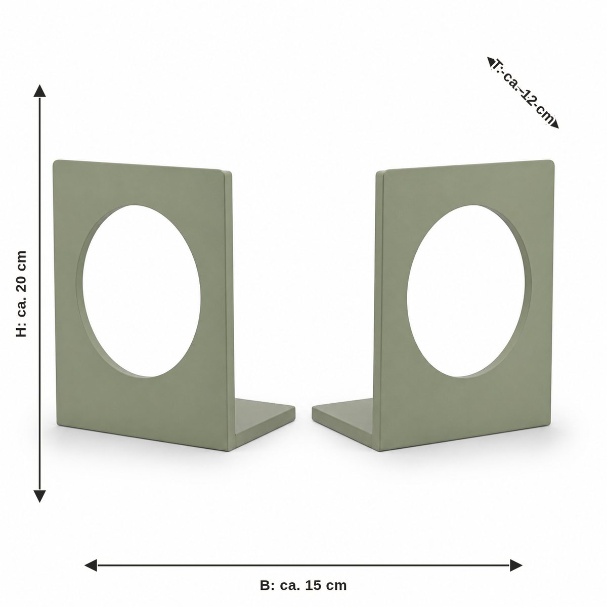 Maßbild für Buchstützen mit Rundöffnung in Salbeigrün: Breite ca. 15 cm, Tiefe ca. 12 cm, Höhe ca. 20 cm