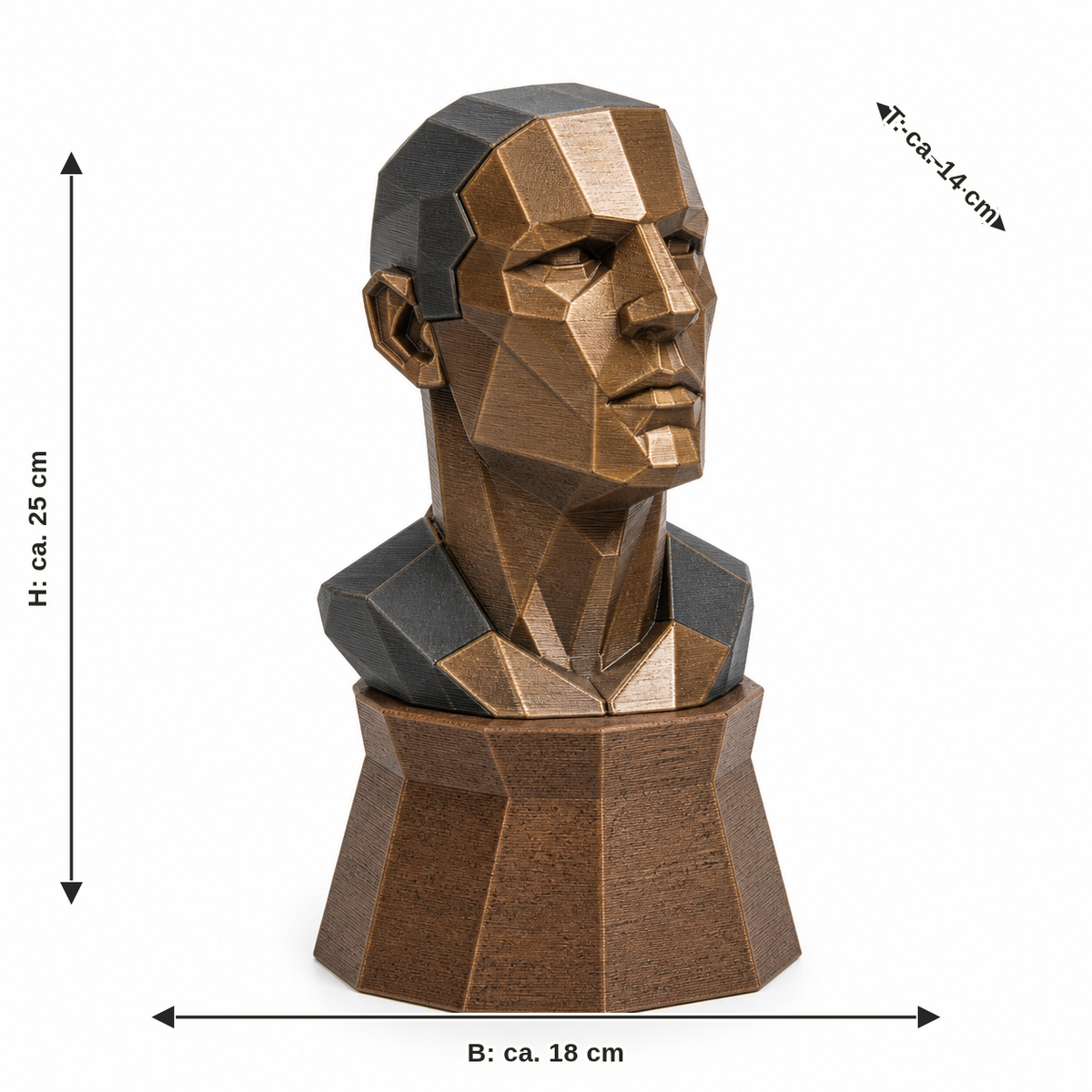 Maßbild für Büste Hüttenwächter: Breite ca. 18 cm, Tiefe ca. 14 cm, Höhe ca. 25 cm