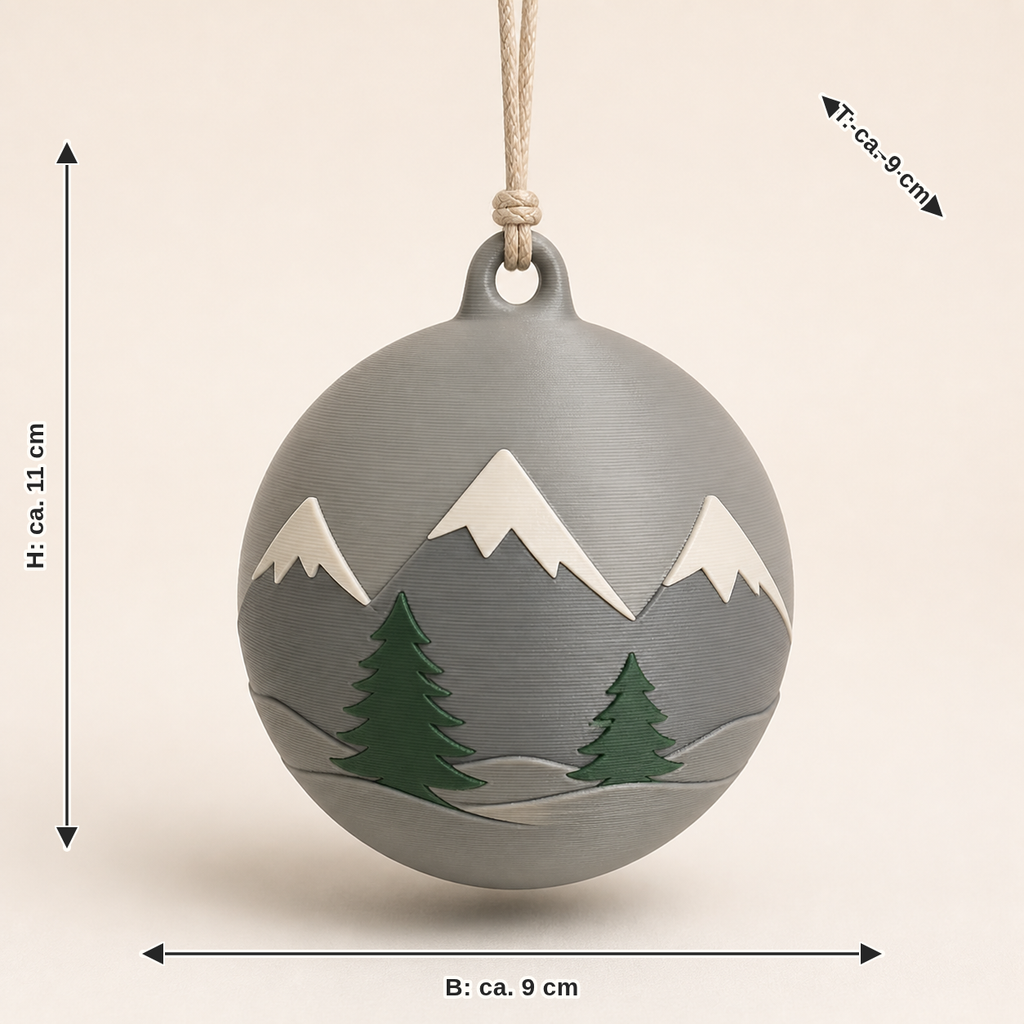 Dimensional image for Christmas ornament mountain silhouette: width about 9 cm, depth about 9 cm, height about 11 cm