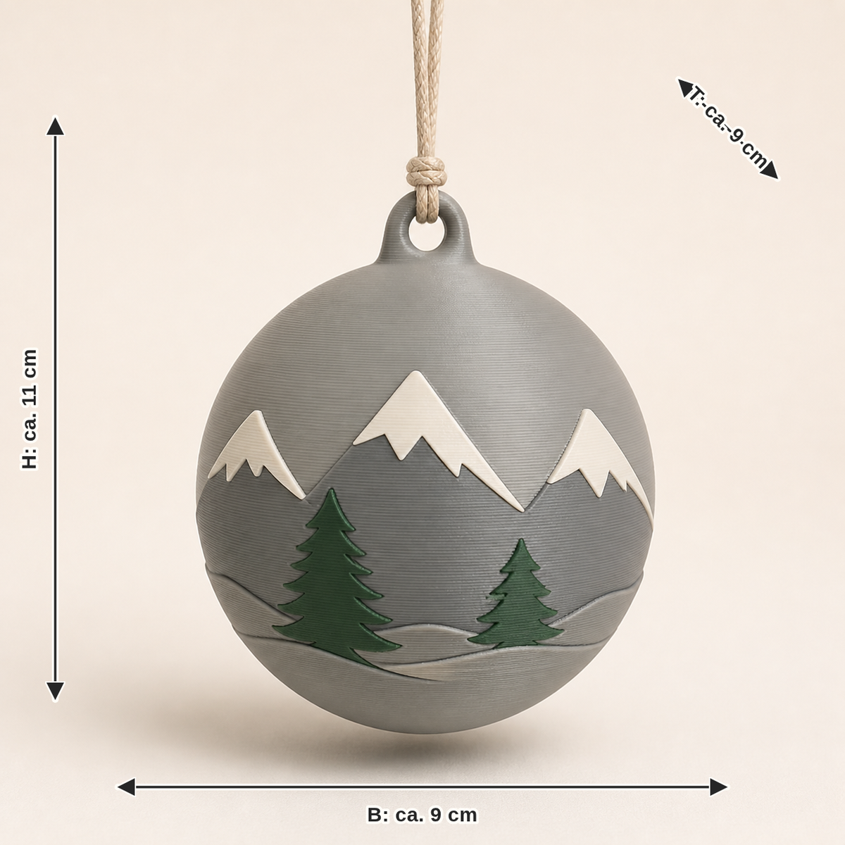 Dimensional image for Christmas ornament mountain silhouette: width about 9 cm, depth about 9 cm, height about 11 cm