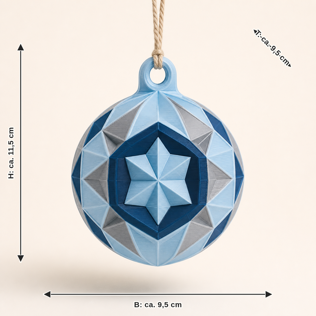 Maßbild für Christbaumkugel Eiskristall: Breite ca. 9.5 cm, Tiefe ca. 9.5 cm, Höhe ca. 11.5 cm