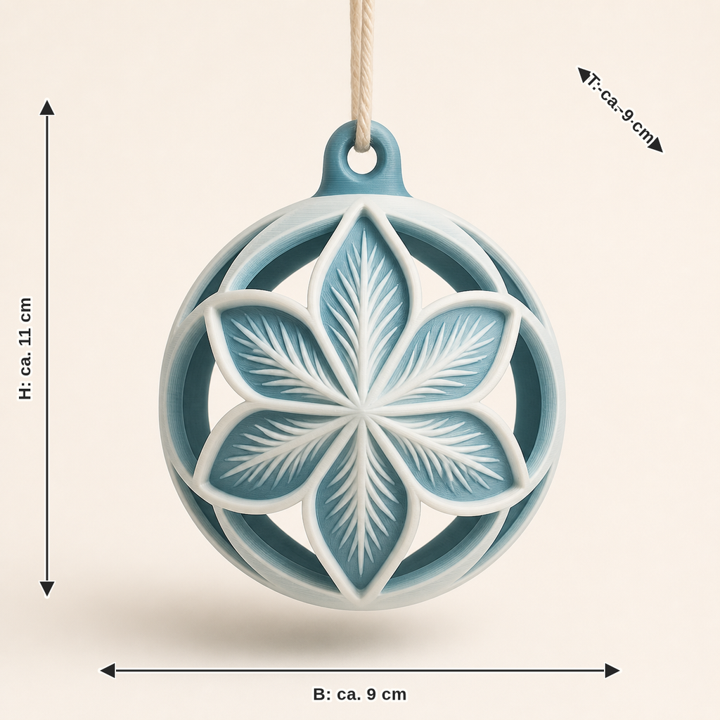 Maßbild für Christbaumkugel Frostblüte: Breite ca. 9 cm, Tiefe ca. 9 cm, Höhe ca. 11 cm