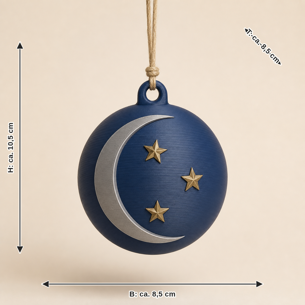 Dimensional image for Christmas ornament moon path: width about 8.5 cm, depth about 8.5 cm, height about 10.5 cm