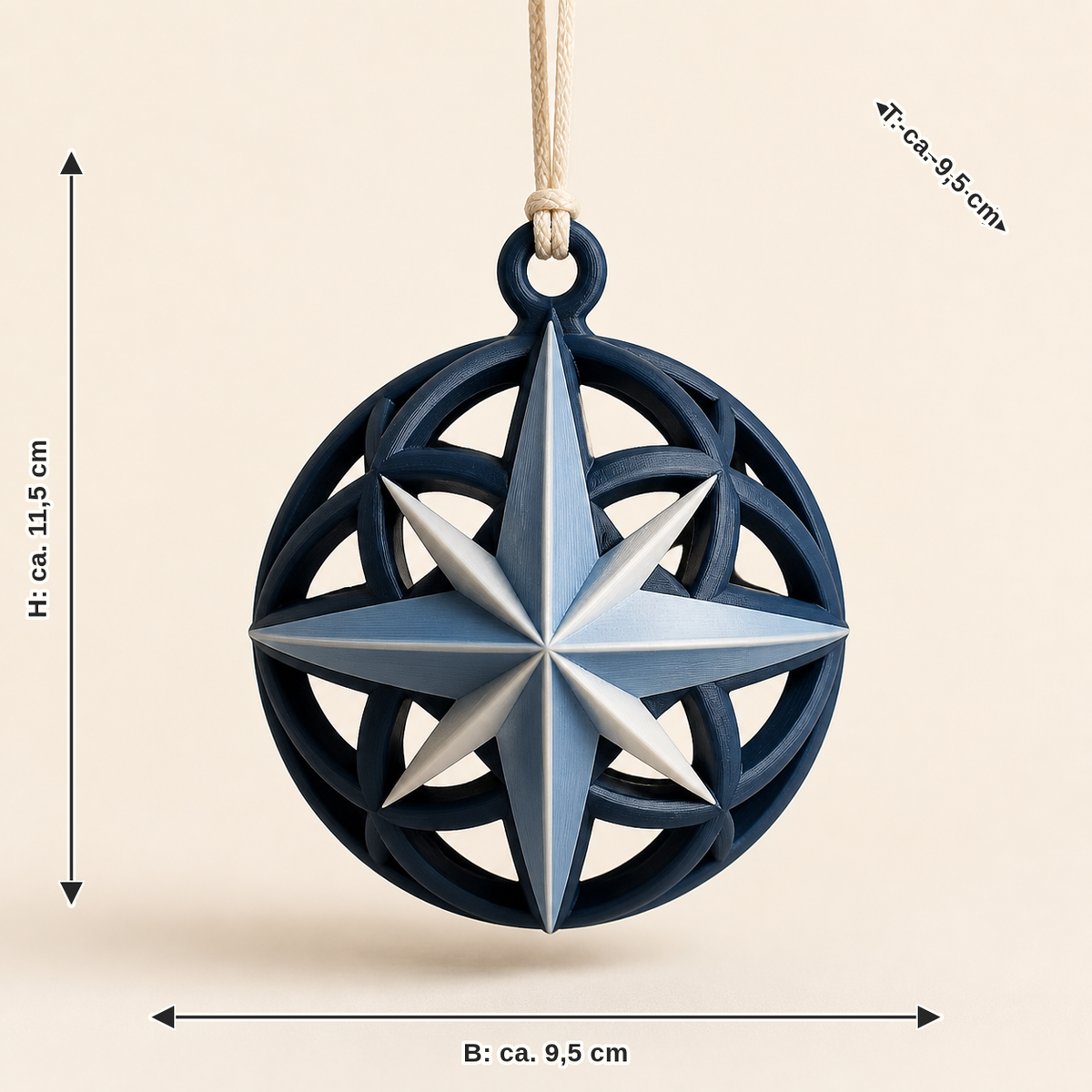 Dimensional image for Christmas ornament Nordstern: width about 9.5 cm, depth about 9.5 cm, height about 11.5 cm