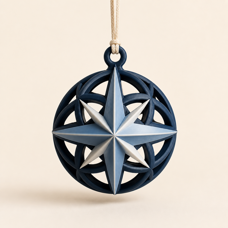 Christmas ornament Nordstern in 3D-printed PETG in dark blue, ice blue, warm white