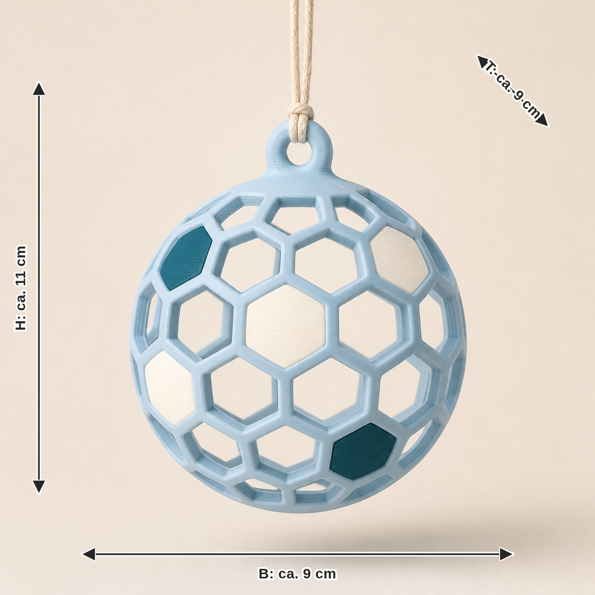Dimensional picture for Christmas ornament Polar honeycomb: width about 9 cm, depth about 9 cm, height about 11 cm