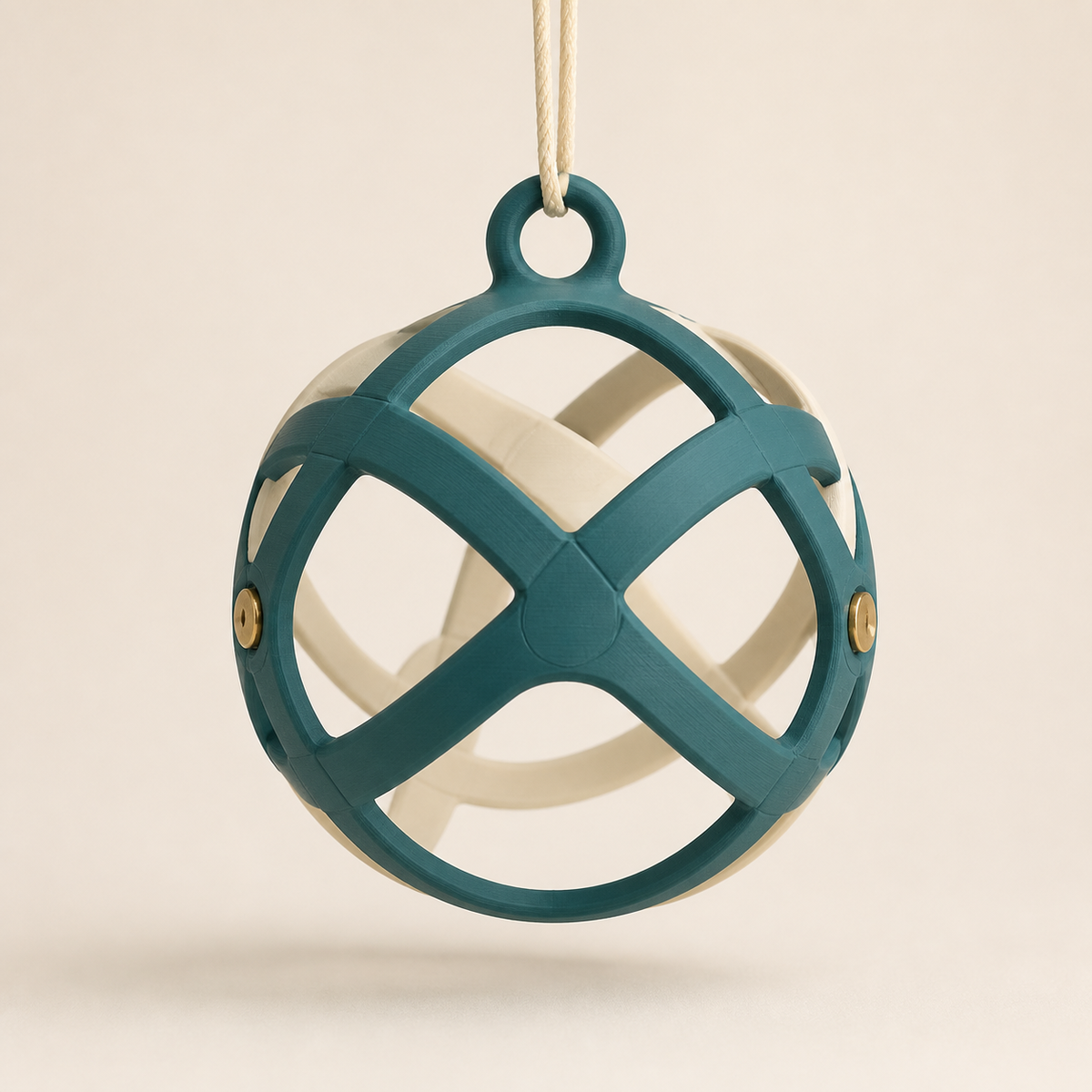 Christmas ornament ring shaft in 3D printed PETG in teal, warm white, brass