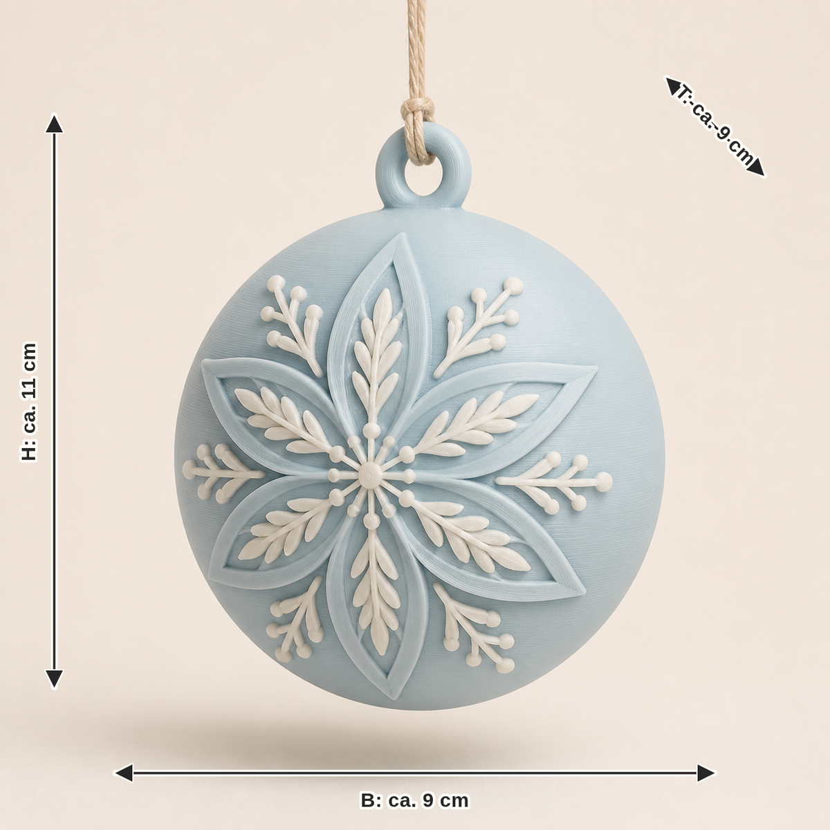 Dimensional image for Christmas ornament Snow rose: width about 9 cm, depth about 9 cm, height about 11 cm